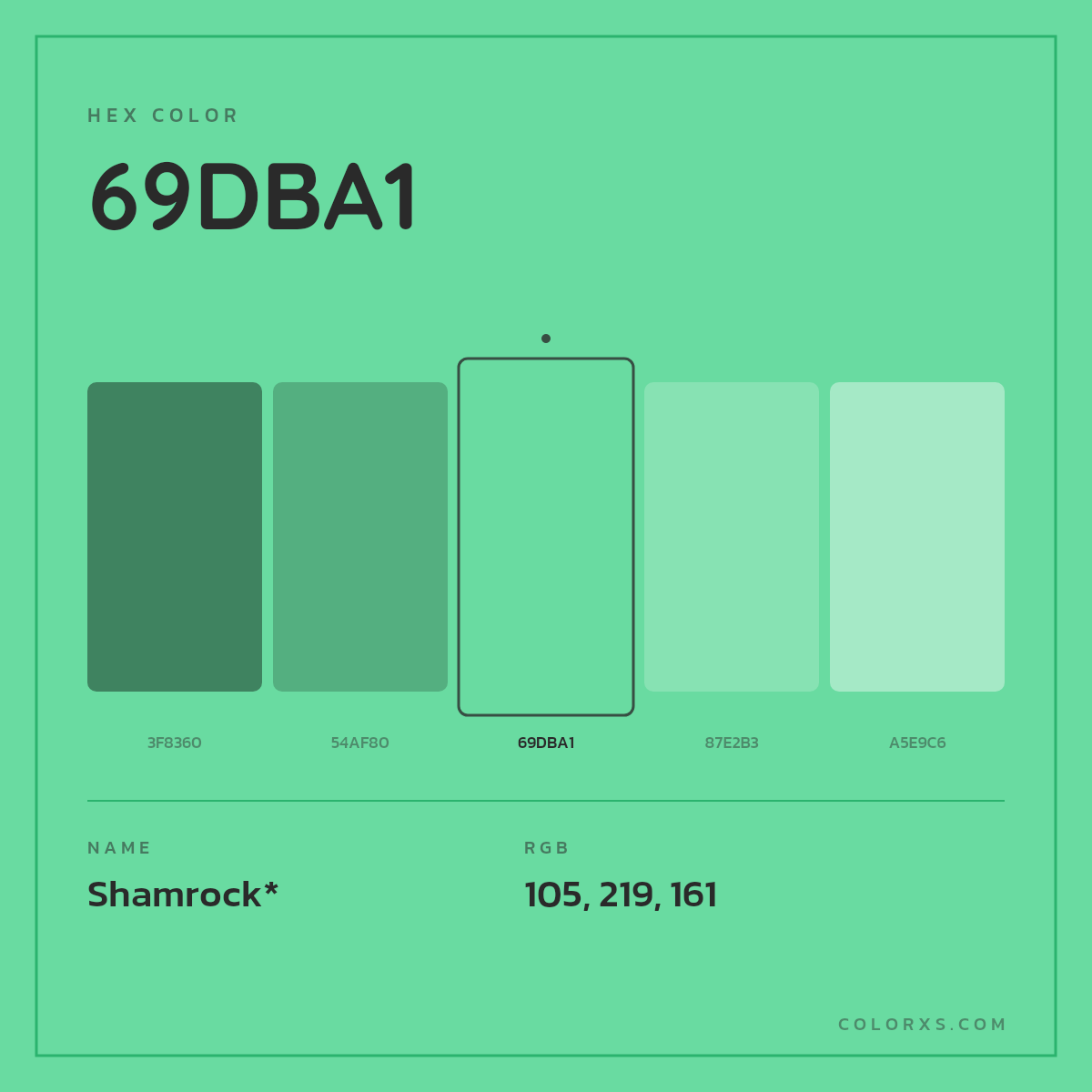 #69DBA1 hex color. RGB, RYB, CMYK, HSL, HSV codes and color conversions. Matching color names, palettes, paints.