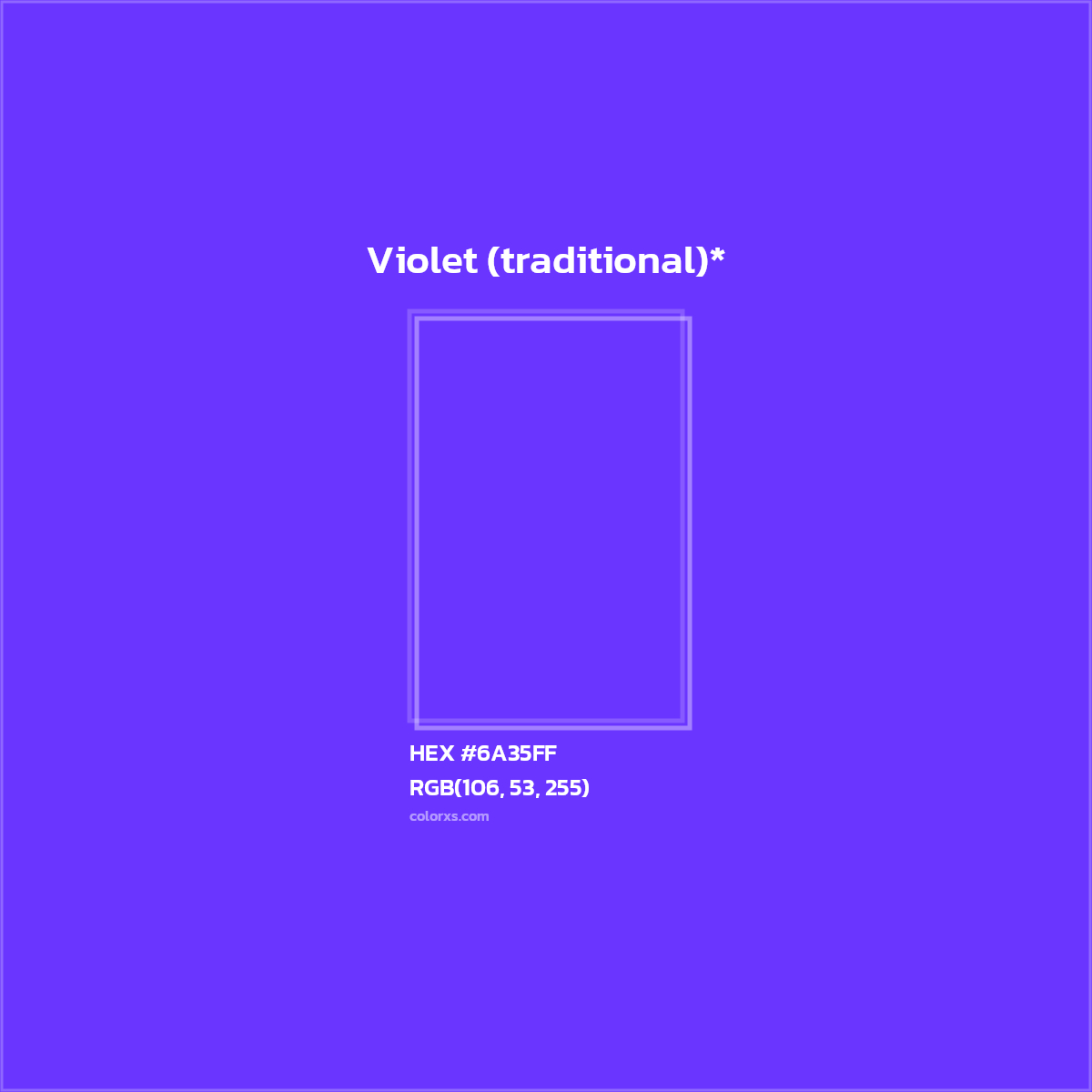 #6A35FF hex color. RGB, RYB, CMYK, HSL, HSV codes and color conversions. Matching color names, palettes, paints.