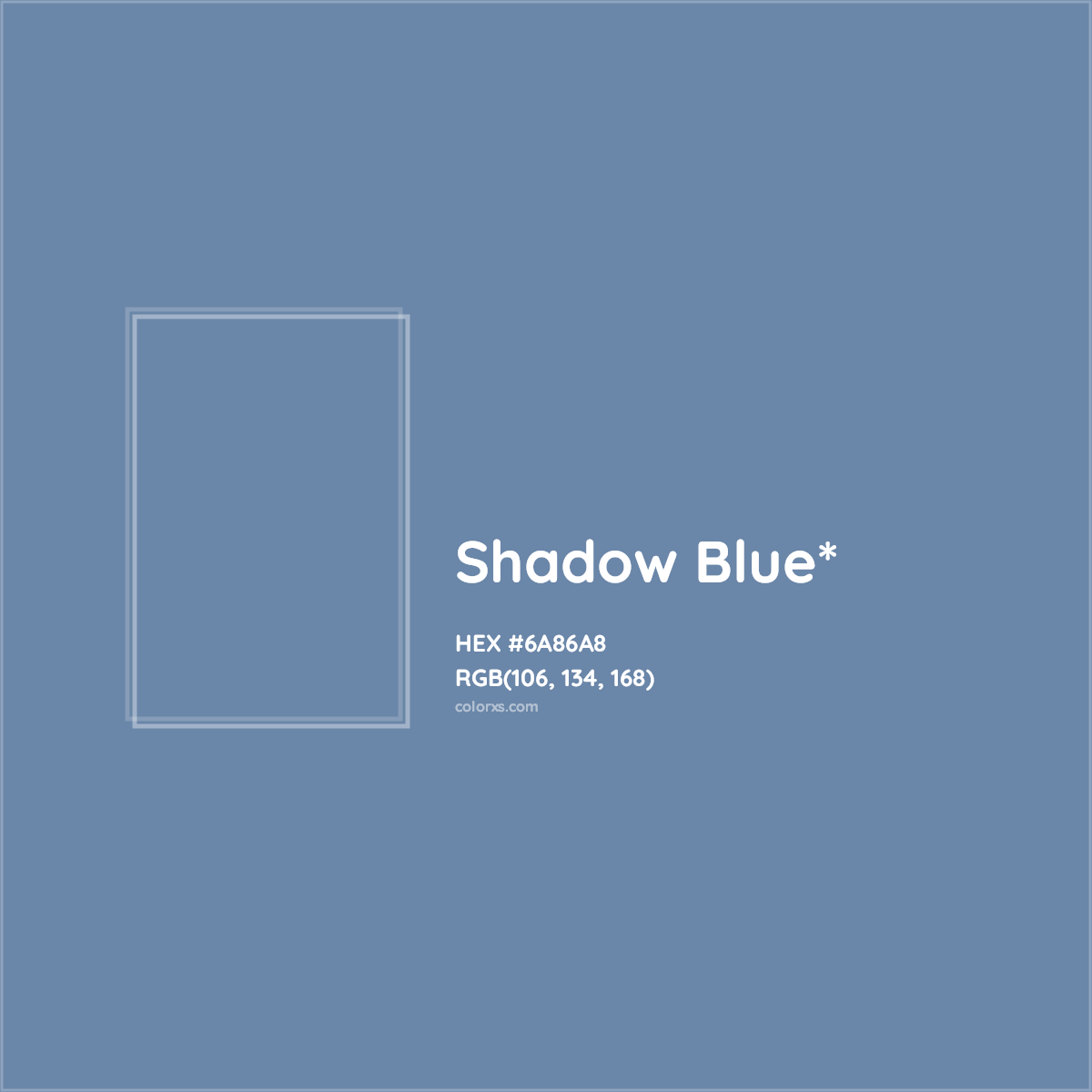 #6A86A8 hex color. RGB, RYB, CMYK, HSL, HSV codes and color conversions. Matching color names, palettes, paints.