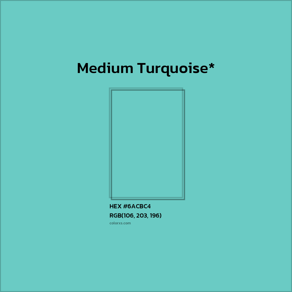 #6ACBC4 hex color. RGB, RYB, CMYK, HSL, HSV codes and color conversions. Matching color names, palettes, paints.