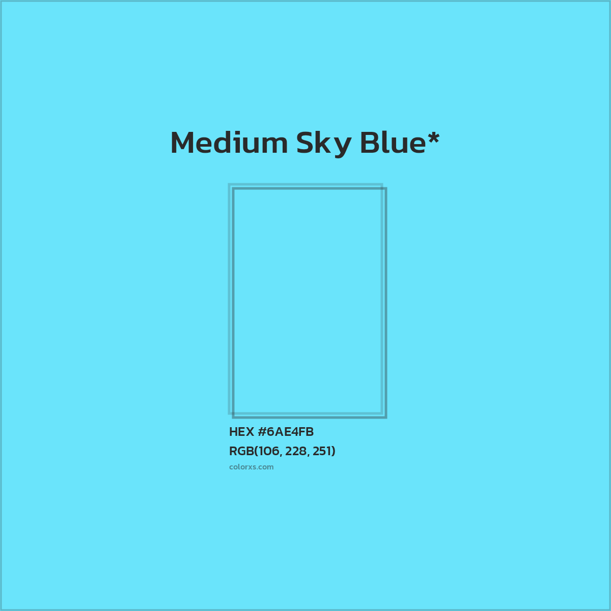 #6AE4FB hex color. RGB, RYB, CMYK, HSL, HSV codes and color conversions. Matching color names, palettes, paints.
