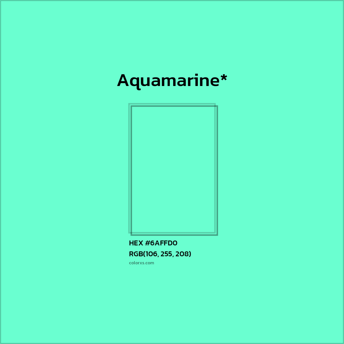 #6AFFD0 hex color. RGB, RYB, CMYK, HSL, HSV codes and color conversions. Matching color names, palettes, paints.