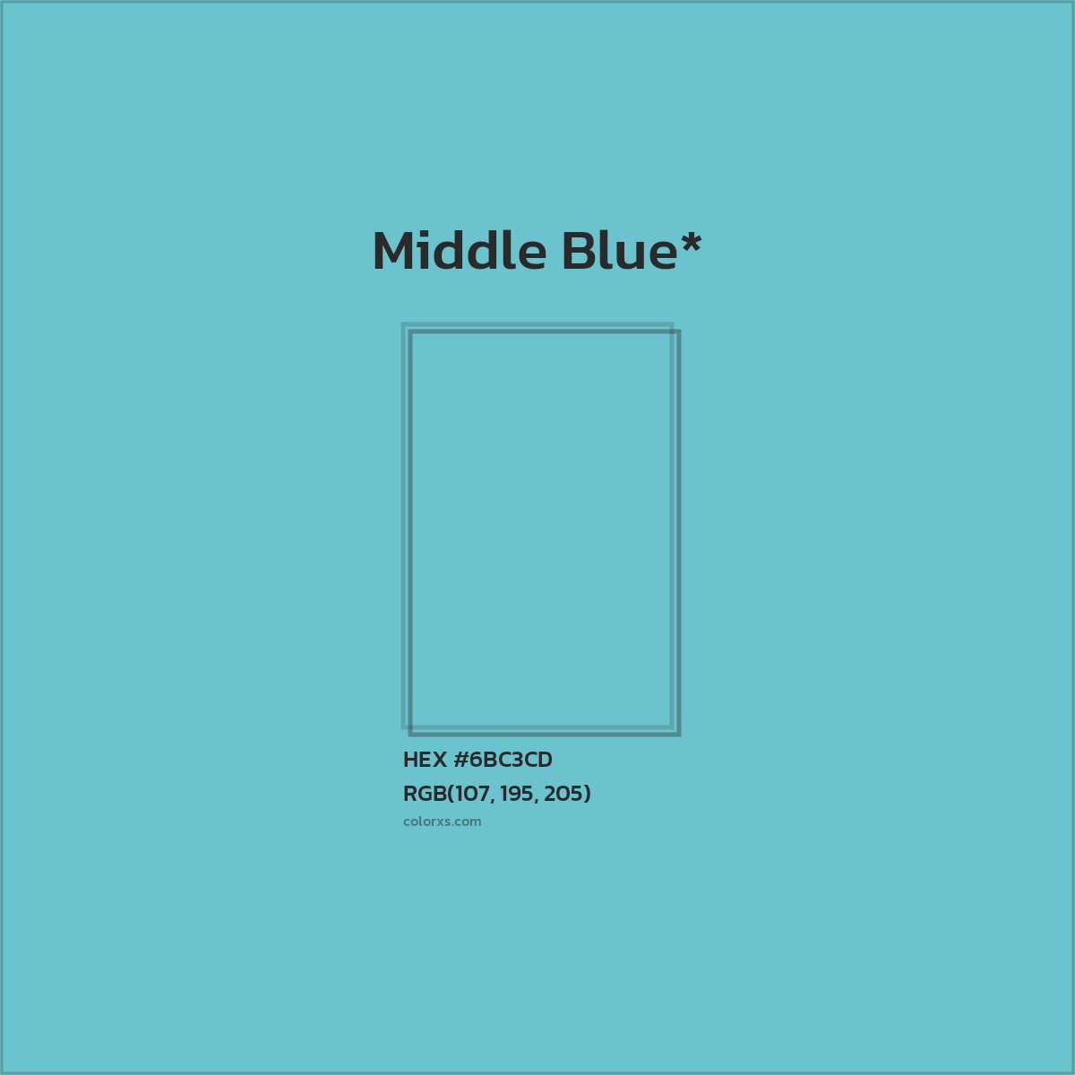 #6BC3CD hex color. RGB, RYB, CMYK, HSL, HSV codes and color conversions. Matching color names, palettes, paints.