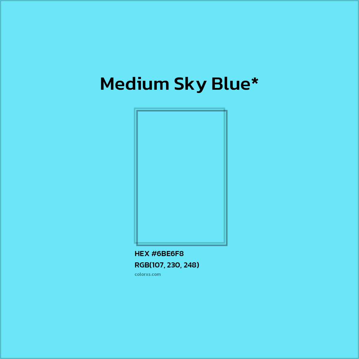 #6BE6F8 hex color. RGB, RYB, CMYK, HSL, HSV codes and color conversions. Matching color names, palettes, paints.