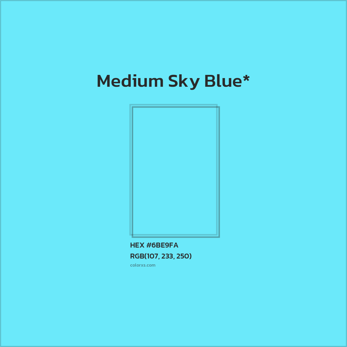 #6BE9FA hex color. RGB, RYB, CMYK, HSL, HSV codes and color conversions. Matching color names, palettes, paints.