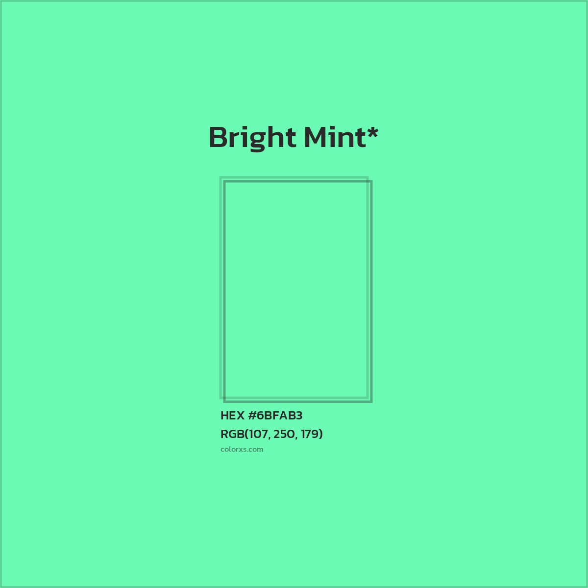 #6BFAB3 hex color. RGB, RYB, CMYK, HSL, HSV codes and color conversions. Matching color names, palettes, paints.