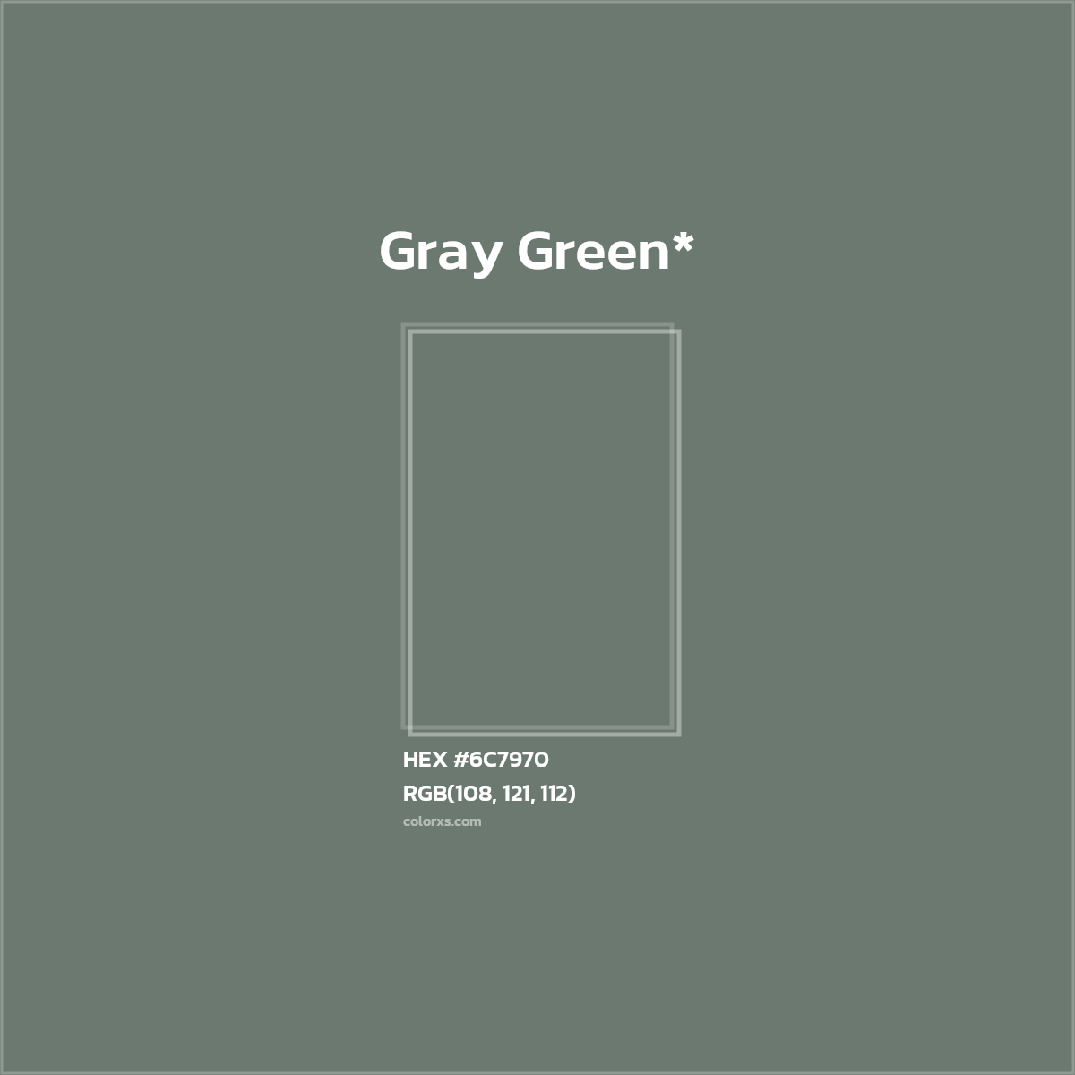 #6C7970 hex color. RGB, RYB, CMYK, HSL, HSV codes and color conversions. Matching color names, palettes, paints.