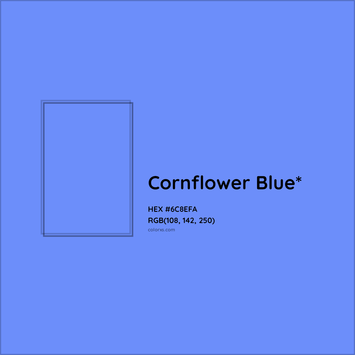 #6C8EFA hex color. RGB, RYB, CMYK, HSL, HSV codes and color conversions. Matching color names, palettes, paints.