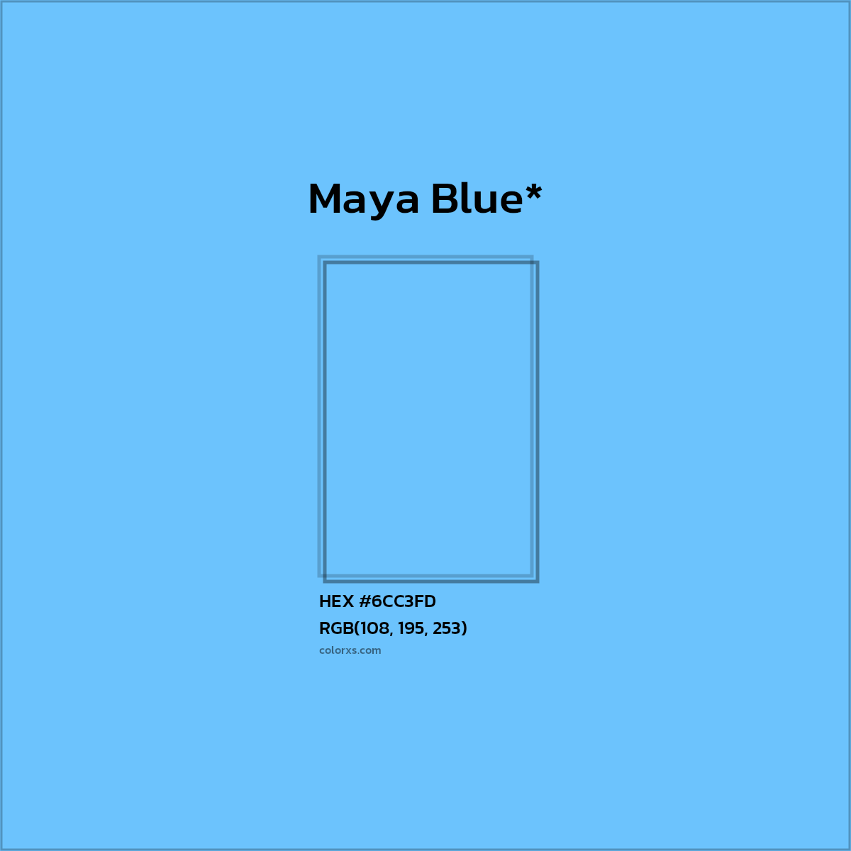 #6CC3FD hex color. RGB, RYB, CMYK, HSL, HSV codes and color conversions. Matching color names, palettes, paints.