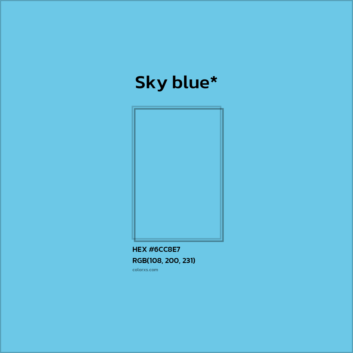 #6CC8E7 hex color. RGB, RYB, CMYK, HSL, HSV codes and color conversions. Matching color names, palettes, paints.