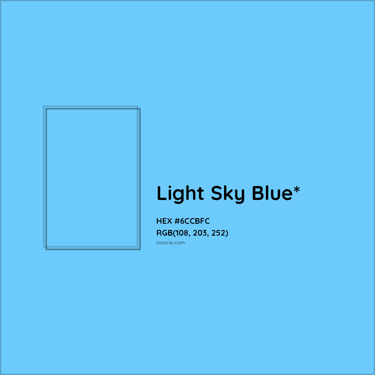 #6CCBFC hex color. RGB, RYB, CMYK, HSL, HSV codes and color conversions. Matching color names, palettes, paints.