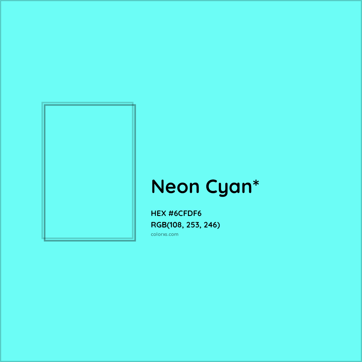 #6CFDF6 hex color. RGB, RYB, CMYK, HSL, HSV codes and color conversions. Matching color names, palettes, paints.