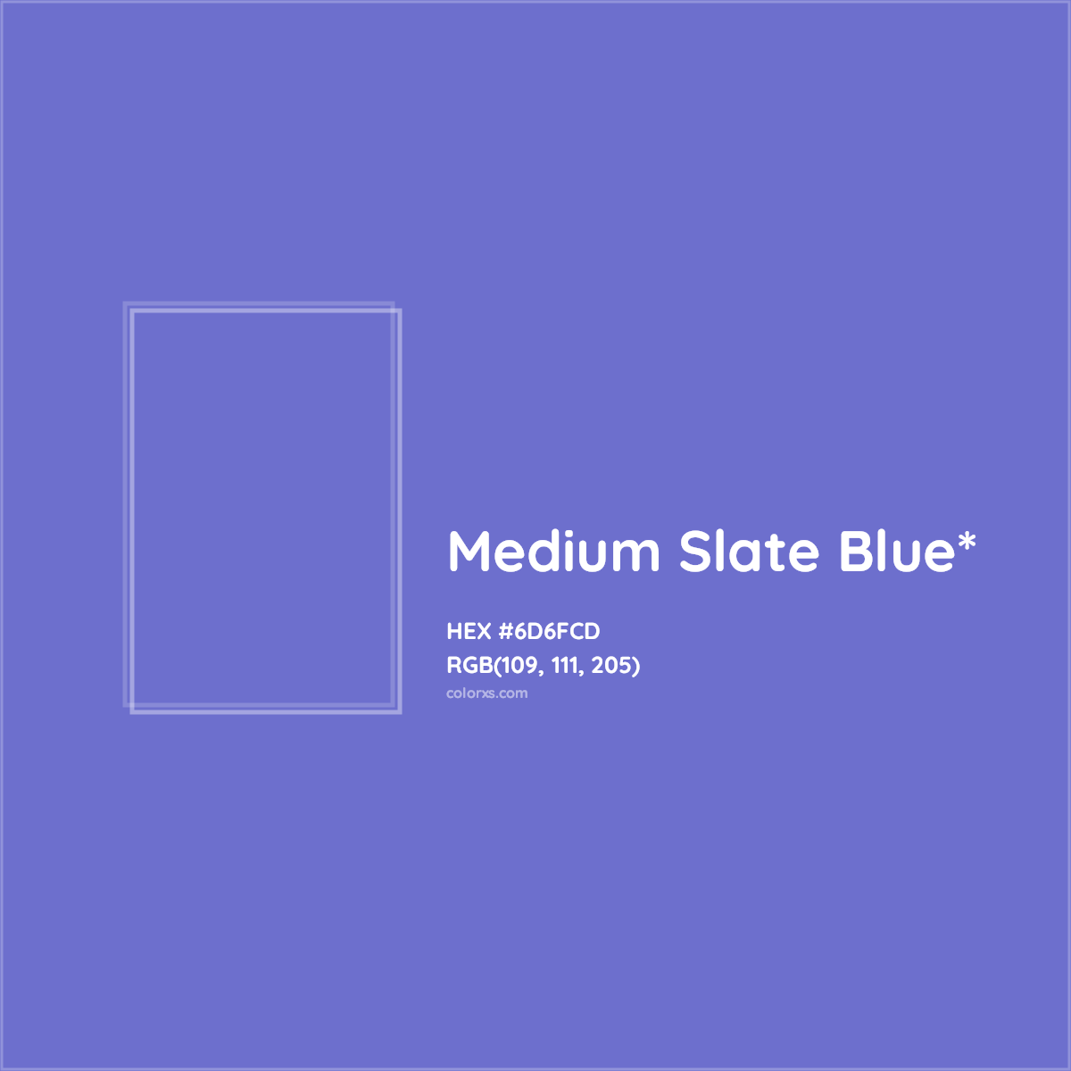 #6D6FCD hex color. RGB, RYB, CMYK, HSL, HSV codes and color conversions. Matching color names, palettes, paints.