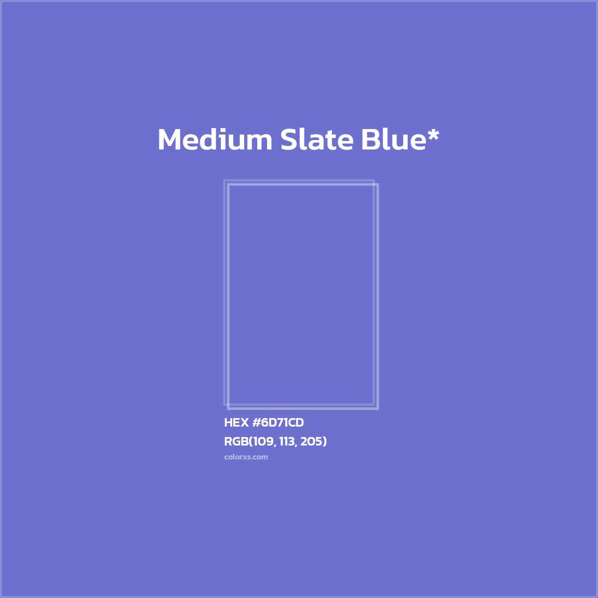 #6D71CD hex color. RGB, RYB, CMYK, HSL, HSV codes and color conversions. Matching color names, palettes, paints.