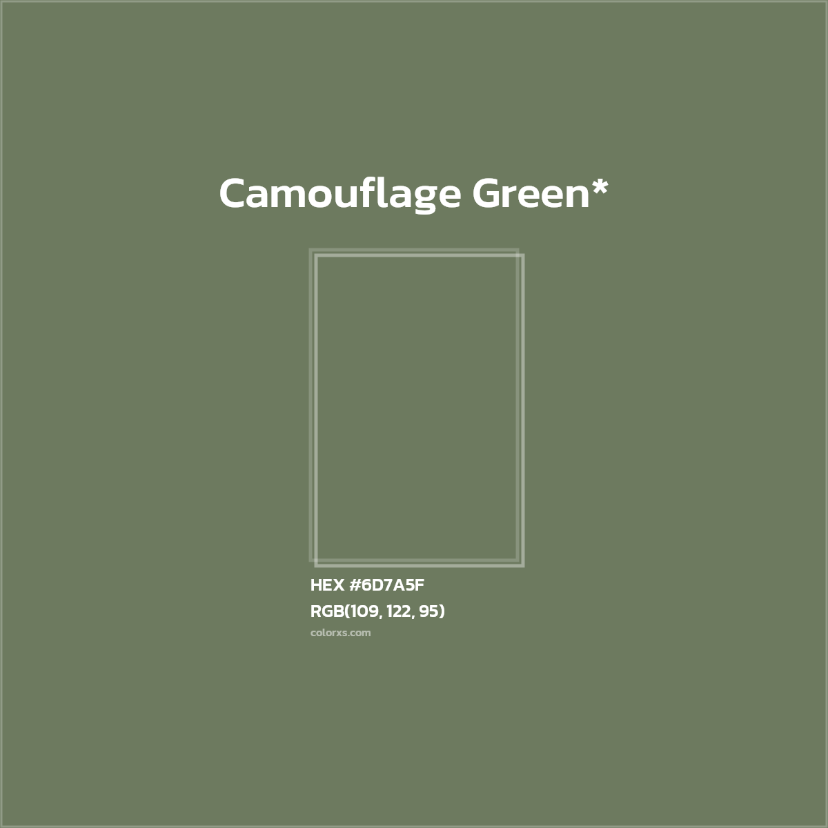 #6D7A5F hex color. RGB, RYB, CMYK, HSL, HSV codes and color conversions. Matching color names, palettes, paints.