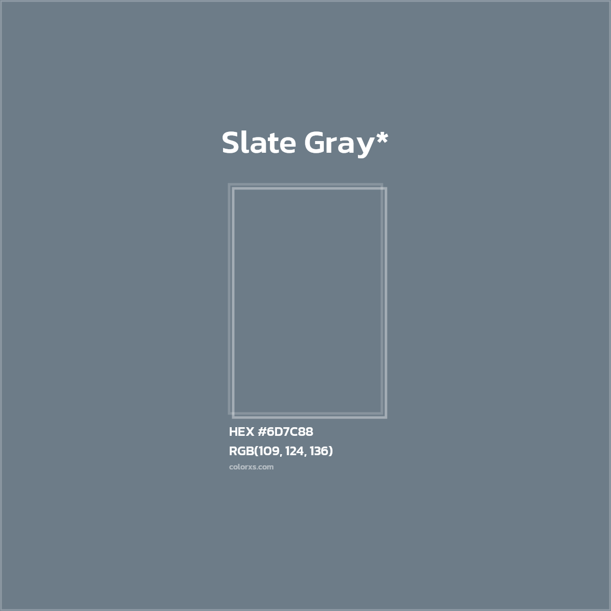 #6D7C88 hex color. RGB, RYB, CMYK, HSL, HSV codes and color conversions. Matching color names, palettes, paints.
