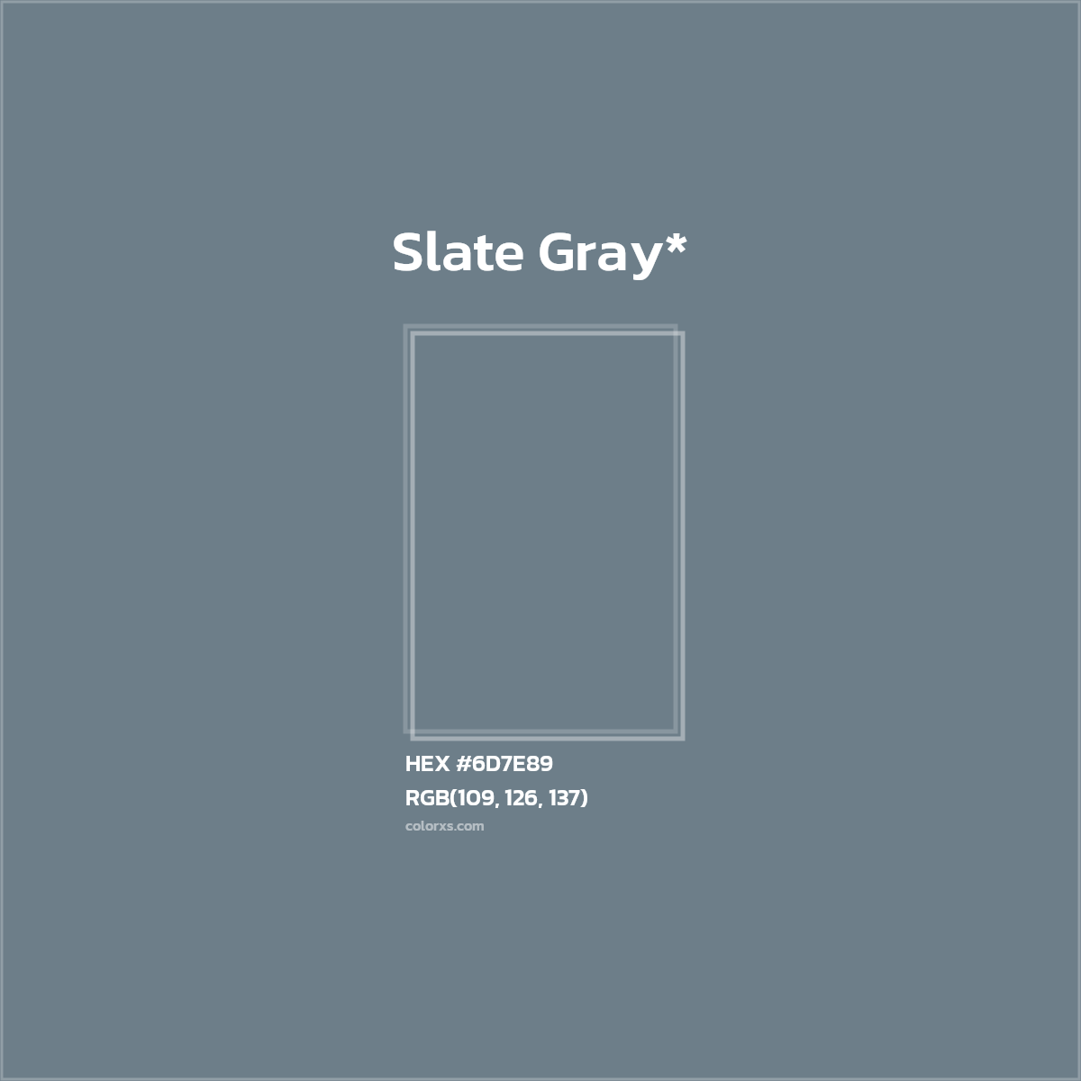 #6D7E89 hex color. RGB, RYB, CMYK, HSL, HSV codes and color conversions. Matching color names, palettes, paints.