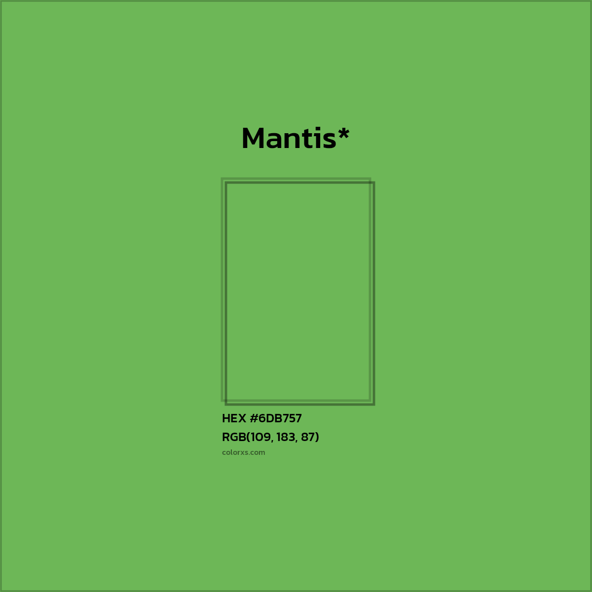 #6DB757 hex color. RGB, RYB, CMYK, HSL, HSV codes and color conversions. Matching color names, palettes, paints.