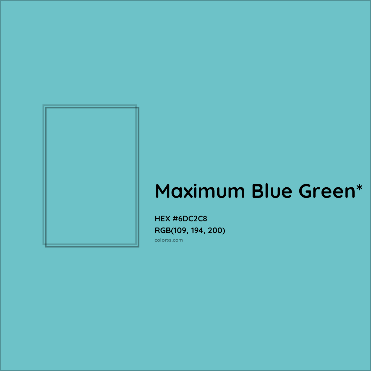 #6DC2C8 hex color. RGB, RYB, CMYK, HSL, HSV codes and color conversions. Matching color names, palettes, paints.