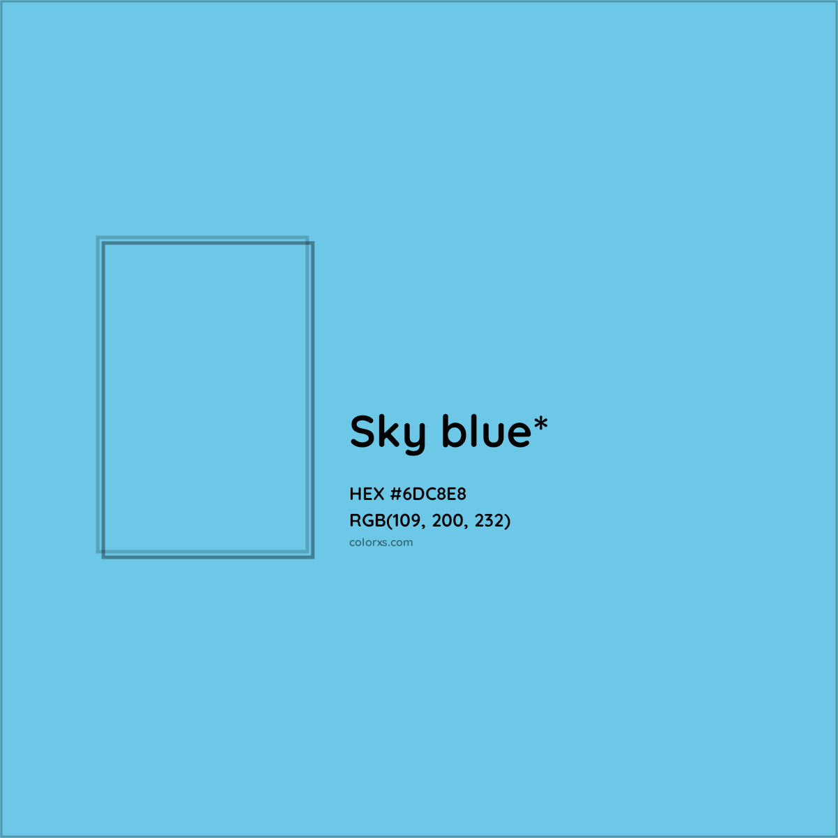 #6DC8E8 hex color. RGB, RYB, CMYK, HSL, HSV codes and color conversions. Matching color names, palettes, paints.