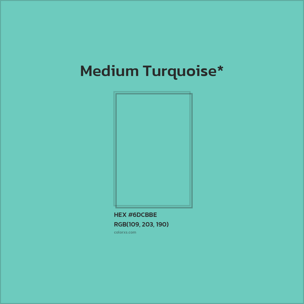 #6DCBBE hex color. RGB, RYB, CMYK, HSL, HSV codes and color conversions. Matching color names, palettes, paints.