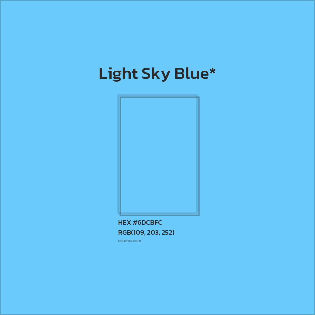 #6DCBFC hex color. RGB, RYB, CMYK, HSL, HSV codes and color conversions. Matching color names, palettes, paints.