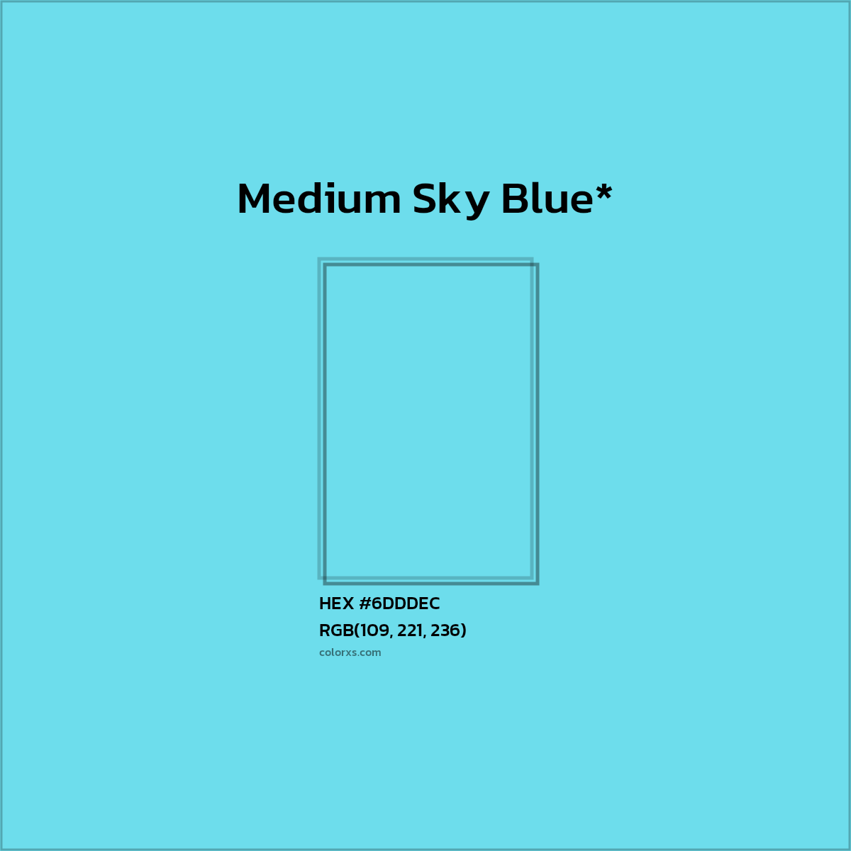 #6DDDEC hex color. RGB, RYB, CMYK, HSL, HSV codes and color conversions. Matching color names, palettes, paints.