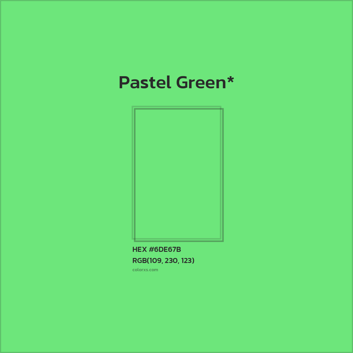 #6DE67B hex color. RGB, RYB, CMYK, HSL, HSV codes and color conversions. Matching color names, palettes, paints.