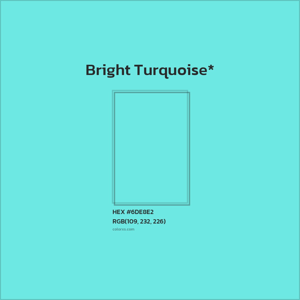 #6DE8E2 hex color. RGB, RYB, CMYK, HSL, HSV codes and color conversions. Matching color names, palettes, paints.