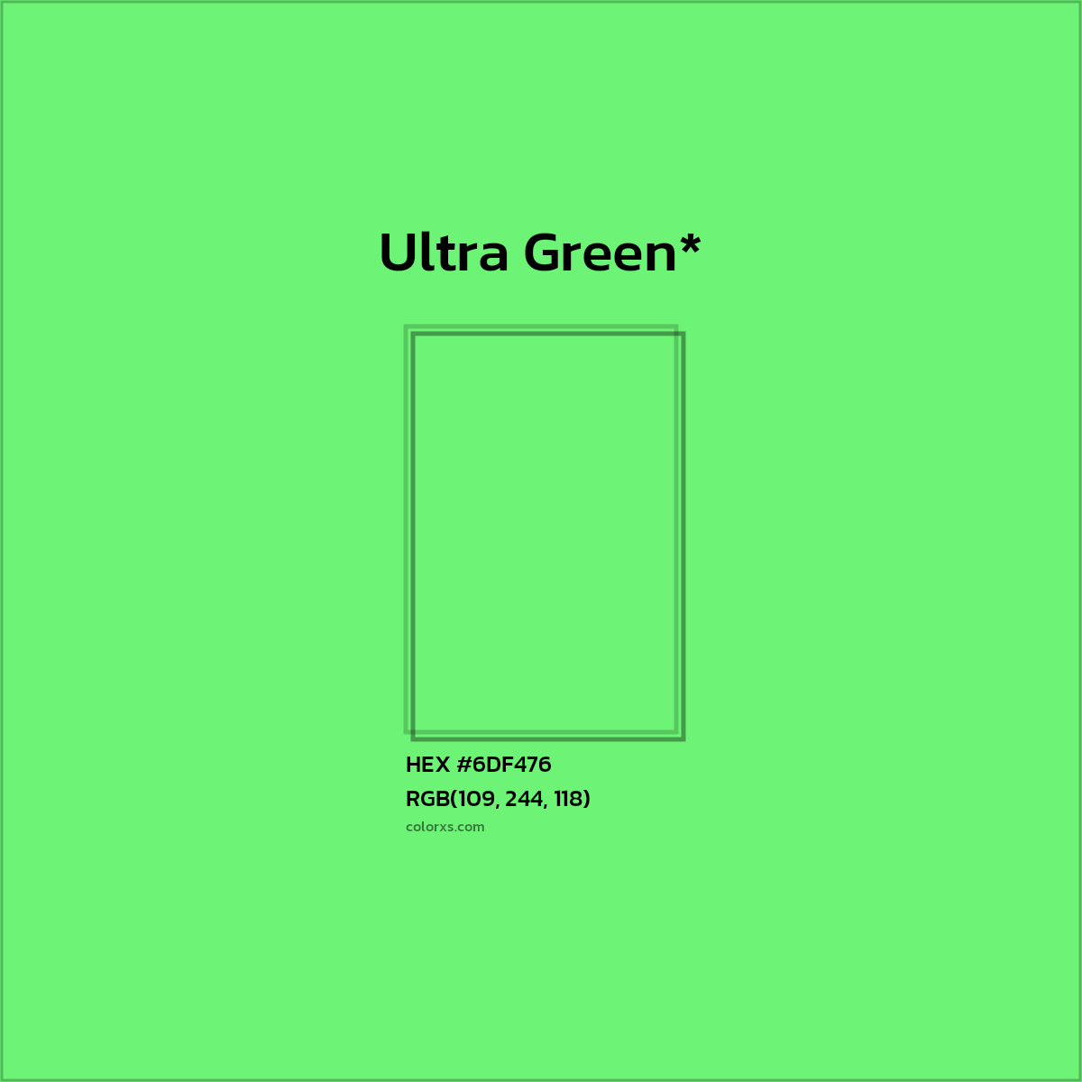 #6DF476 hex color. RGB, RYB, CMYK, HSL, HSV codes and color conversions. Matching color names, palettes, paints.