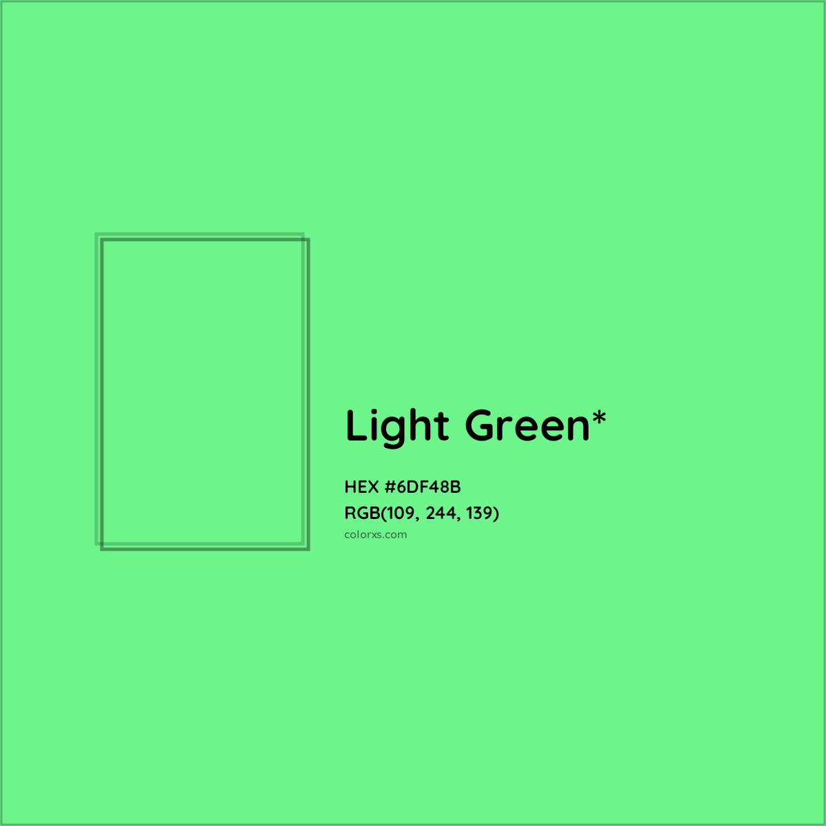 #6DF48B hex color. RGB, RYB, CMYK, HSL, HSV codes and color conversions. Matching color names, palettes, paints.