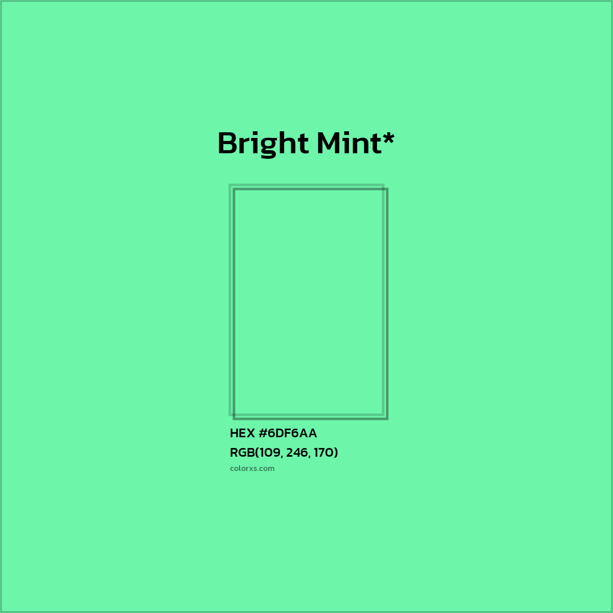 #6DF6AA hex color. RGB, RYB, CMYK, HSL, HSV codes and color conversions. Matching color names, palettes, paints.