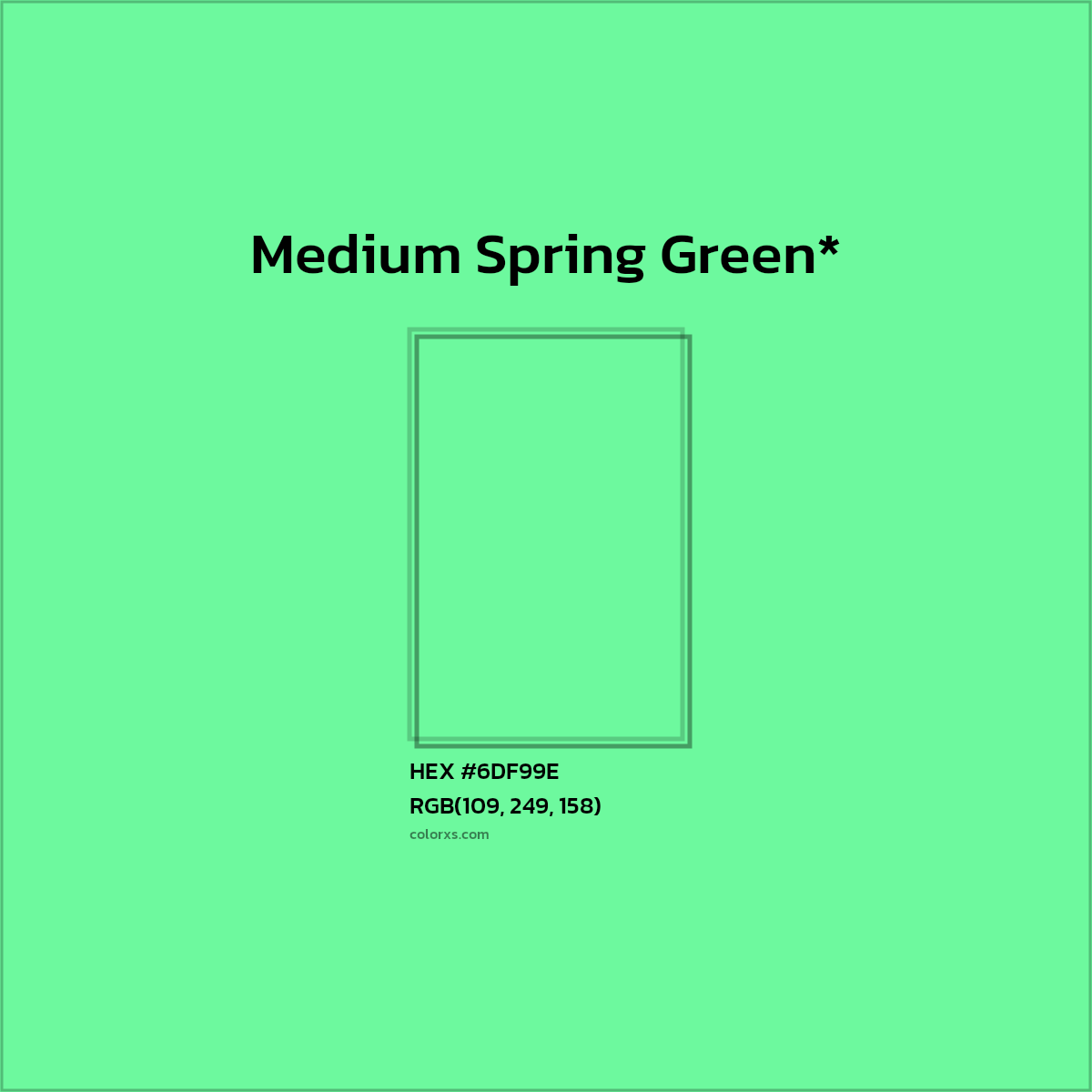 #6DF99E hex color. RGB, RYB, CMYK, HSL, HSV codes and color conversions. Matching color names, palettes, paints.