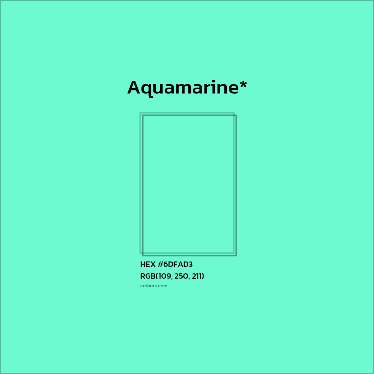 #6DFAD3 hex color. RGB, RYB, CMYK, HSL, HSV codes and color conversions. Matching color names, palettes, paints.