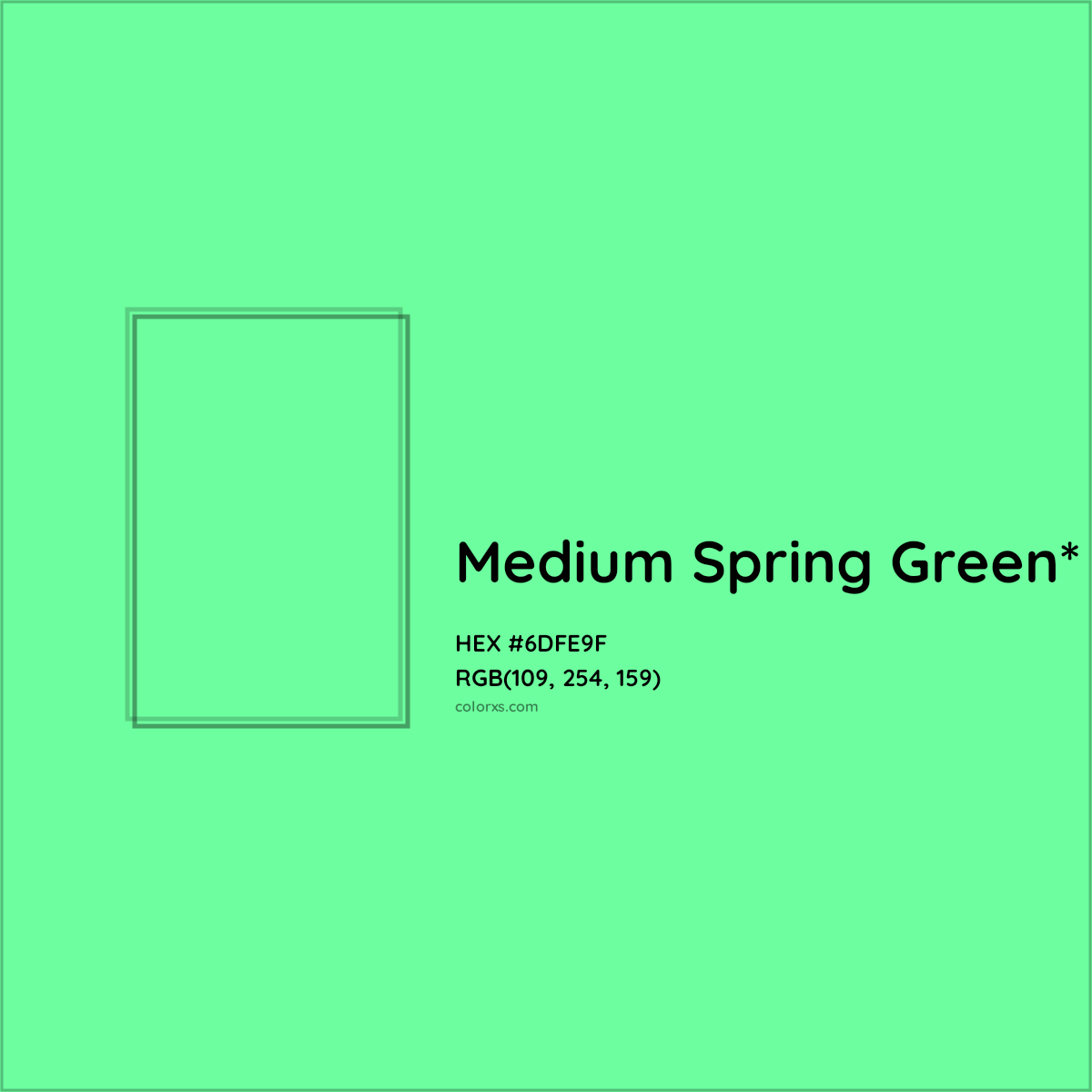 #6DFE9F hex color. RGB, RYB, CMYK, HSL, HSV codes and color conversions. Matching color names, palettes, paints.