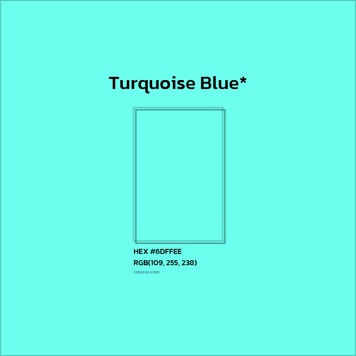 #6DFFEE hex color. RGB, RYB, CMYK, HSL, HSV codes and color conversions. Matching color names, palettes, paints.