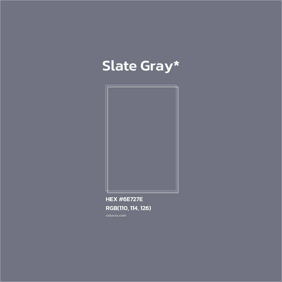 #6E727E hex color. RGB, RYB, CMYK, HSL, HSV codes and color conversions. Matching color names, palettes, paints.