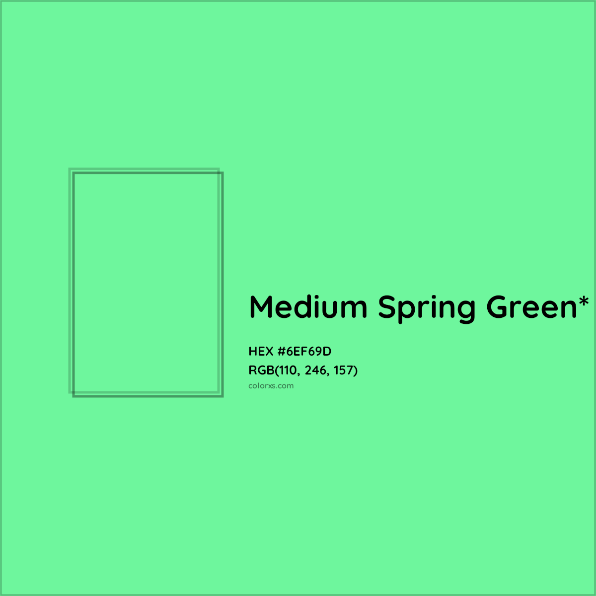 #6EF69D hex color. RGB, RYB, CMYK, HSL, HSV codes and color conversions. Matching color names, palettes, paints.