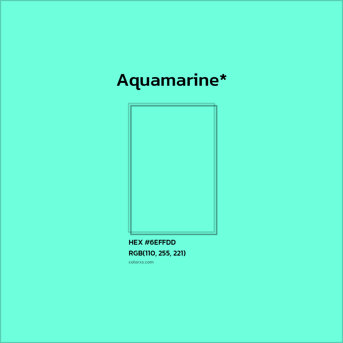 #6EFFDD hex color. RGB, RYB, CMYK, HSL, HSV codes and color conversions. Matching color names, palettes, paints.
