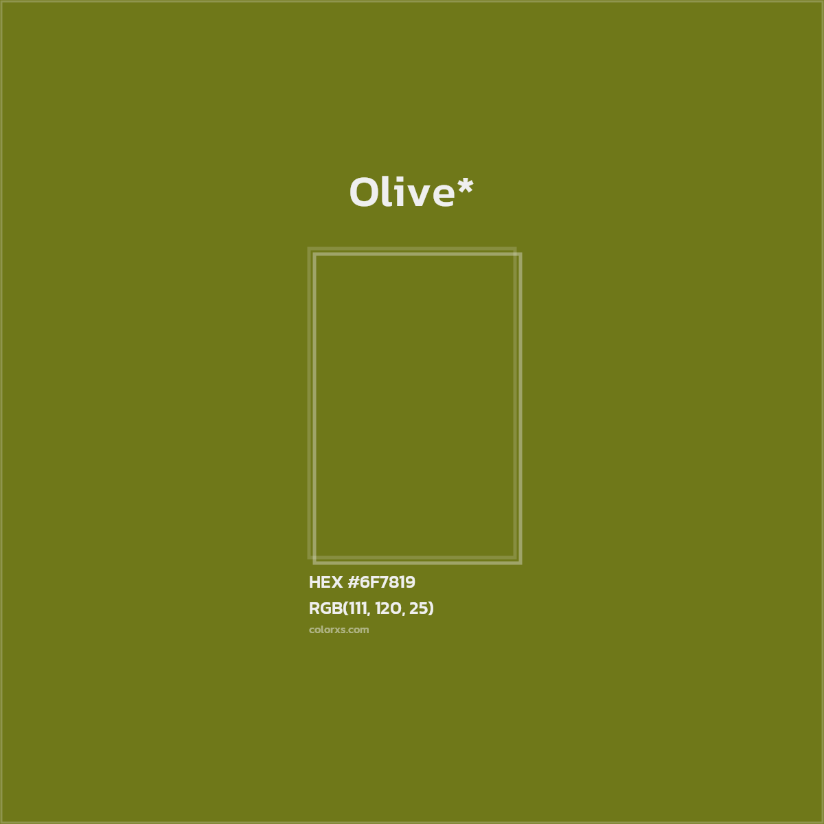 #6F7819 hex color. RGB, RYB, CMYK, HSL, HSV codes and color conversions. Matching color names, palettes, paints.