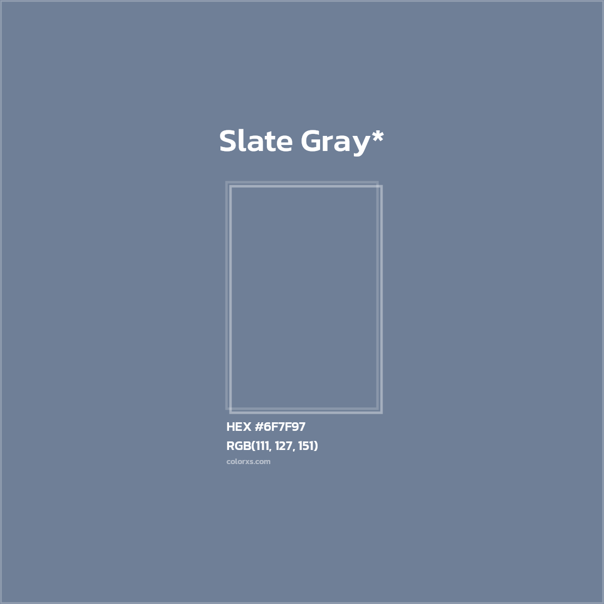 #6F7F97 hex color. RGB, RYB, CMYK, HSL, HSV codes and color conversions. Matching color names, palettes, paints.