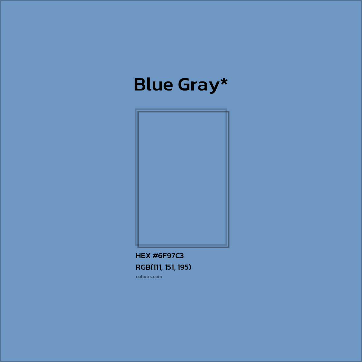 #6F97C3 hex color. RGB, RYB, CMYK, HSL, HSV codes and color conversions. Matching color names, palettes, paints.