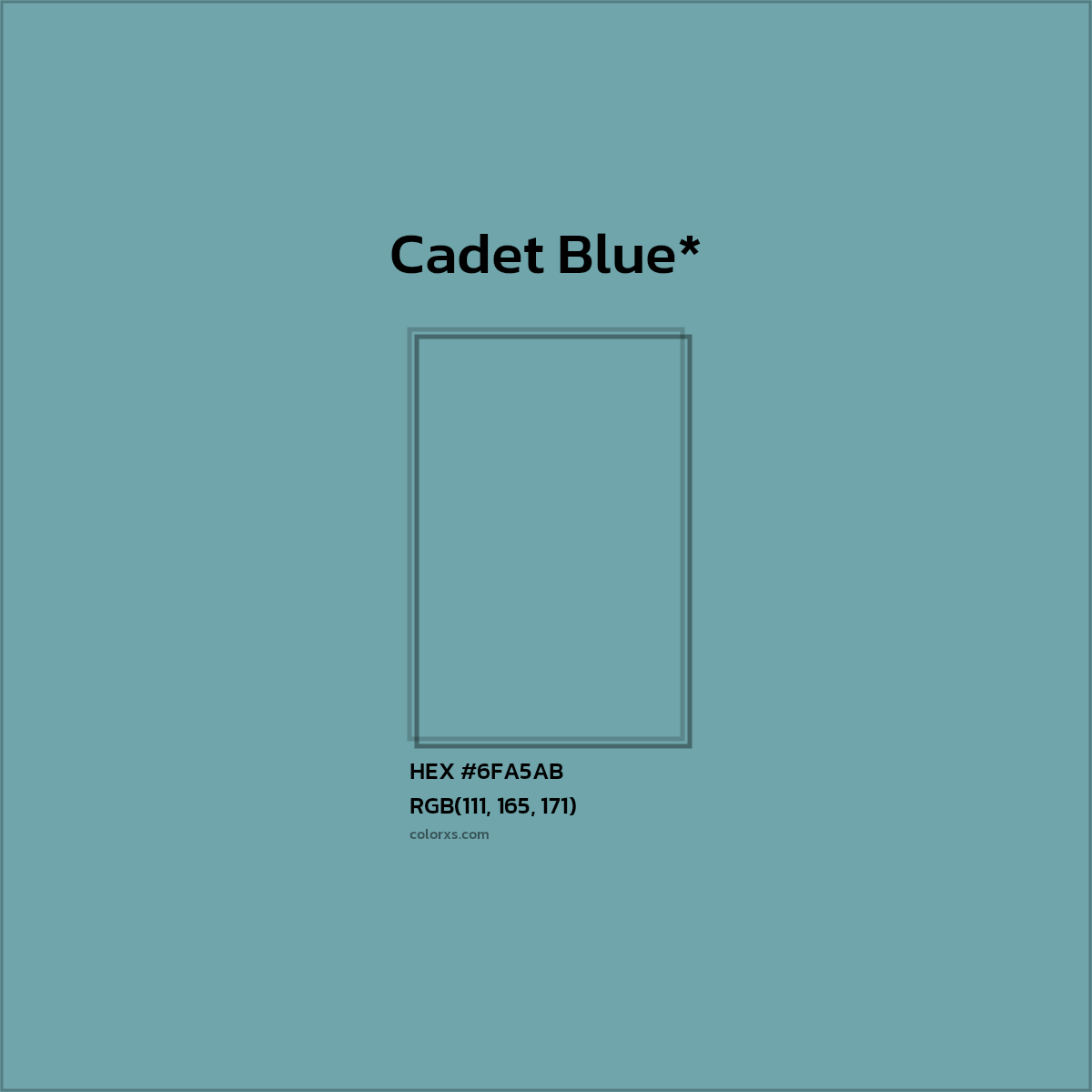 #6FA5AB hex color. RGB, RYB, CMYK, HSL, HSV codes and color conversions. Matching color names, palettes, paints.