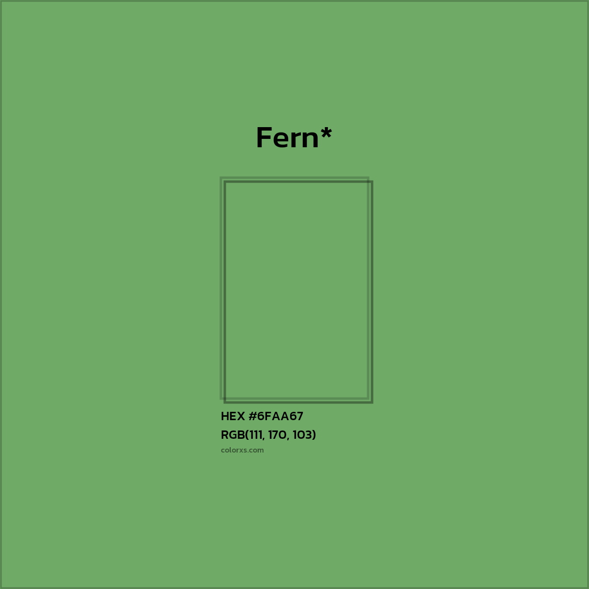 #6FAA67 hex color. RGB, RYB, CMYK, HSL, HSV codes and color conversions. Matching color names, palettes, paints.