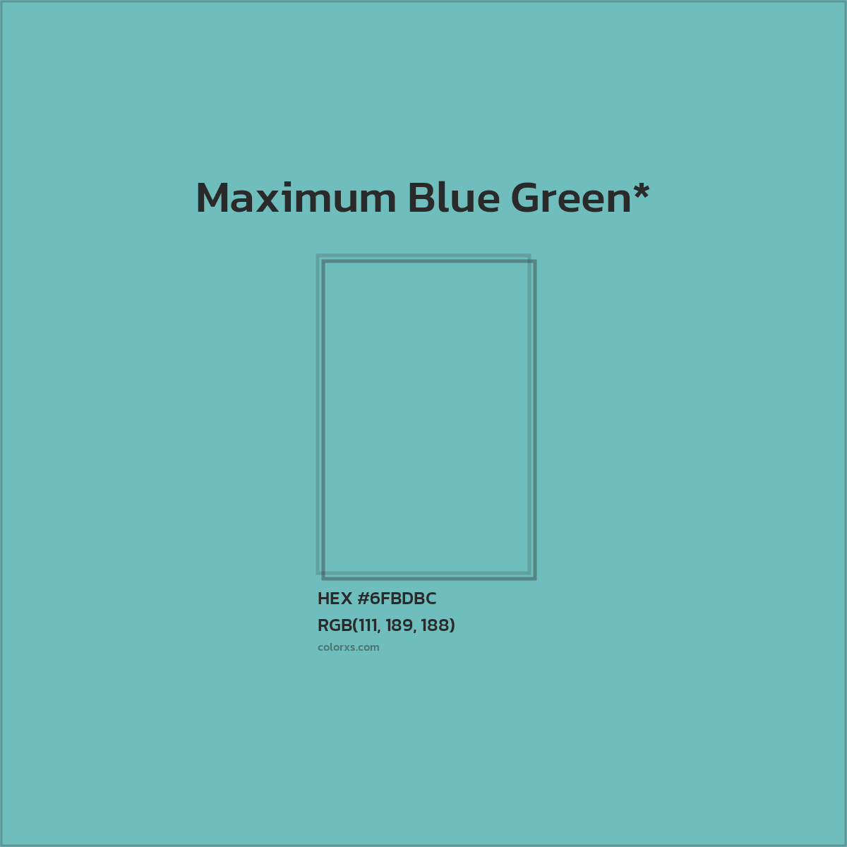 #6FBDBC hex color. RGB, RYB, CMYK, HSL, HSV codes and color conversions. Matching color names, palettes, paints.
