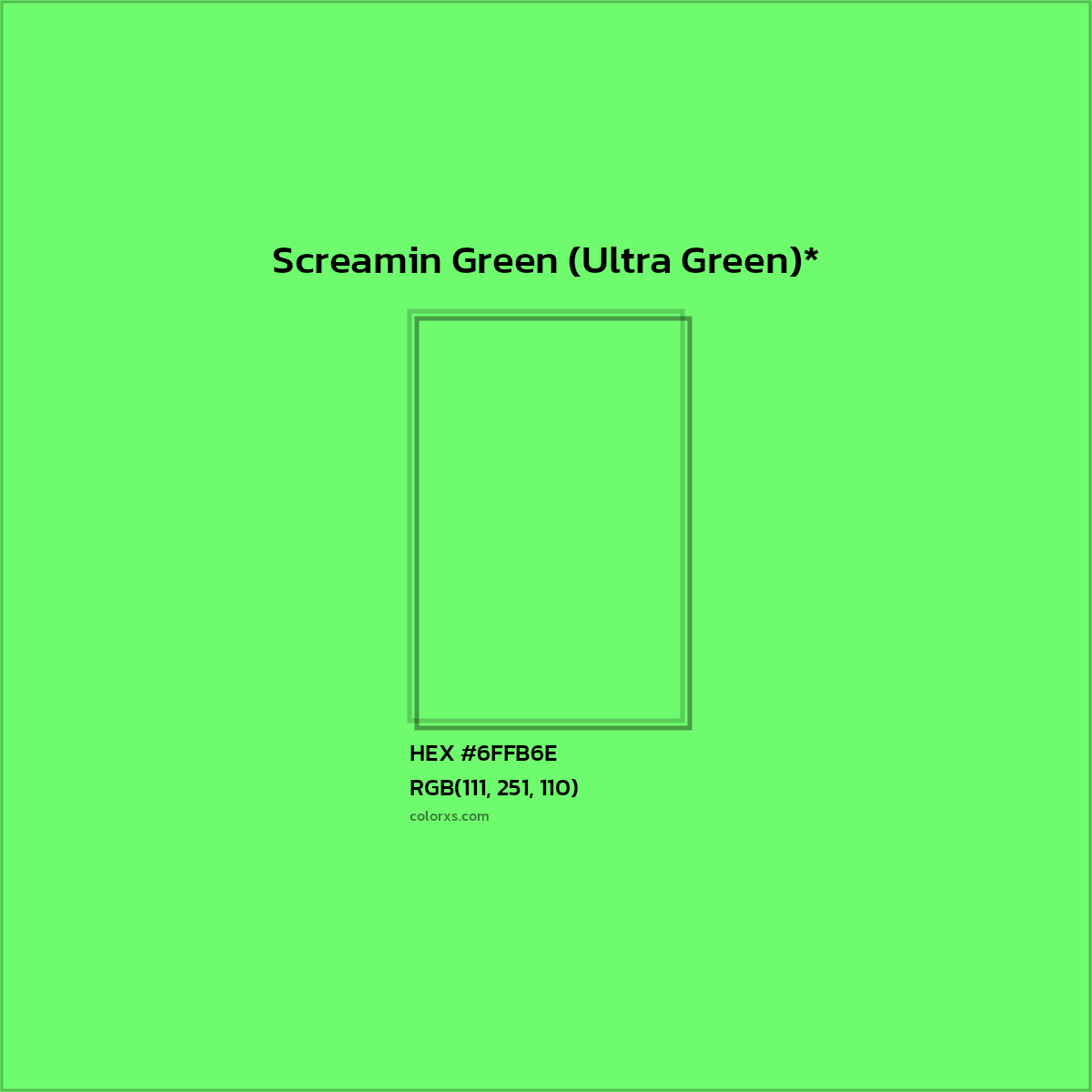 #6FFB6E hex color. RGB, RYB, CMYK, HSL, HSV codes and color conversions. Matching color names, palettes, paints.