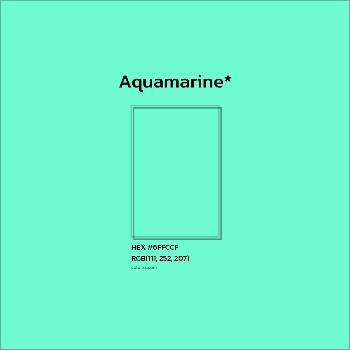 #6FFCCF hex color. RGB, RYB, CMYK, HSL, HSV codes and color conversions. Matching color names, palettes, paints.