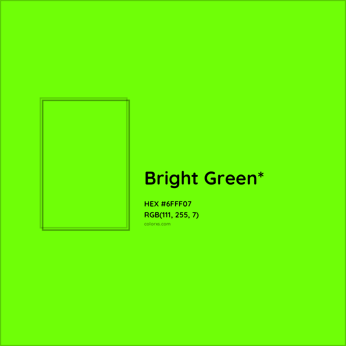 #6FFF07 hex color. RGB, RYB, CMYK, HSL, HSV codes and color conversions. Matching color names, palettes, paints.