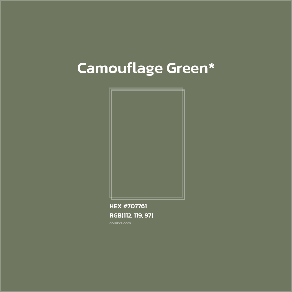 #707761 hex color. RGB, RYB, CMYK, HSL, HSV codes and color conversions. Matching color names, palettes, paints.