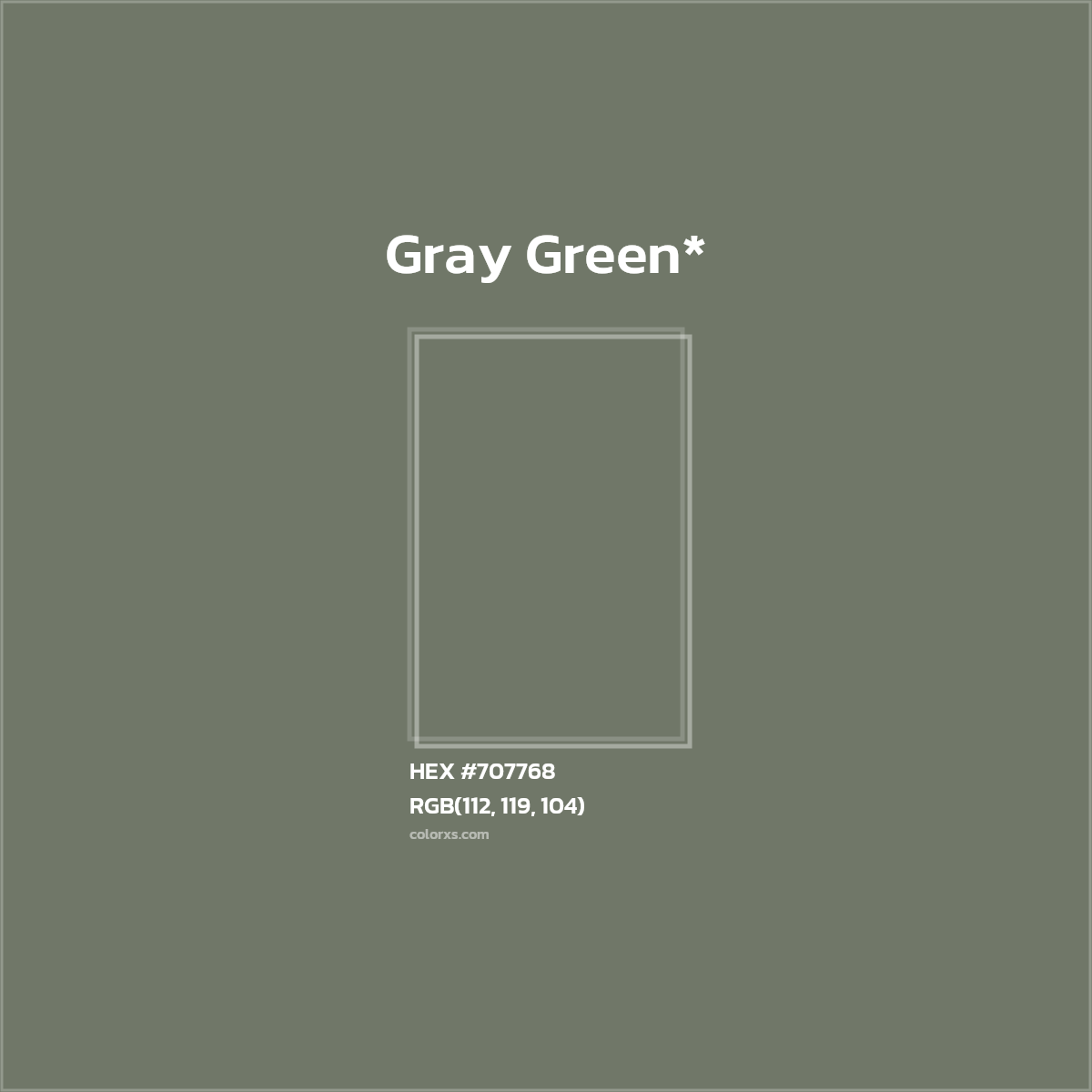 #707768 hex color. RGB, RYB, CMYK, HSL, HSV codes and color conversions. Matching color names, palettes, paints.